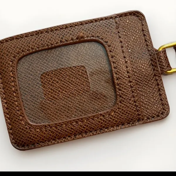 Adrienne Vittadini Brown luggage tag ID holder brown leather gold tone Logo - Image 4
