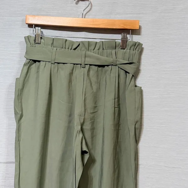 Zara TRF Sage Green Paperbag Waist Tapered Cuffed Pants Small Tie Belt High Rise - Image 5