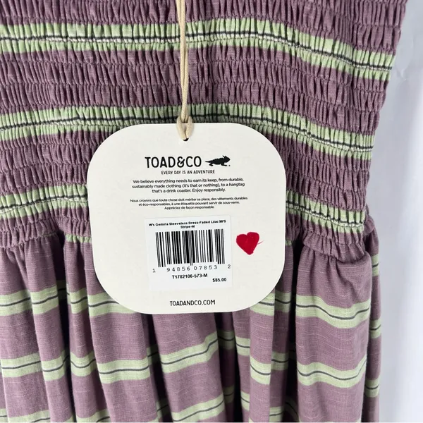 Toad & Co Gemina‎ Sleeveless Dress Faded Lilac 90s Stripe Smocked NWT Size M - Image 7