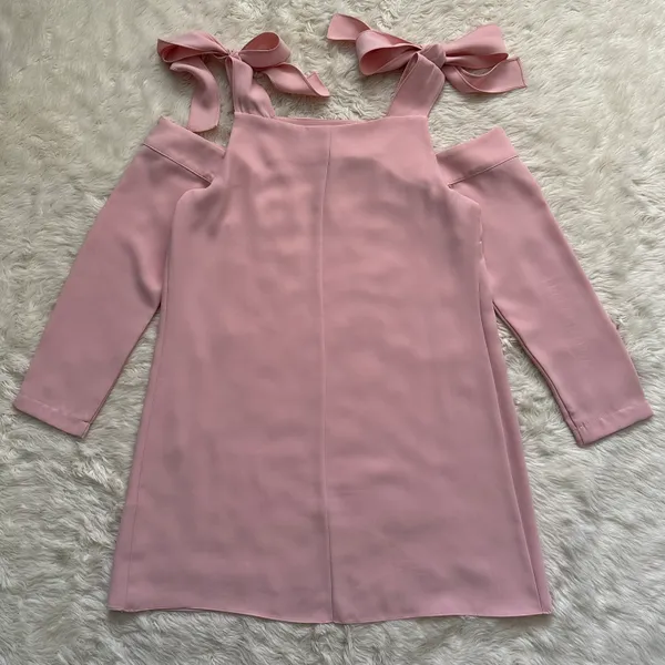 Amanda Uprichard Dress Cold Shoulder Bow Tie Long Sleeve Mini Pale Pink P - Image 5