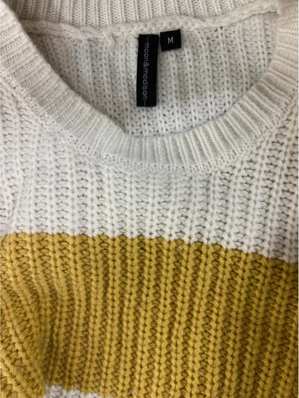 Sweater M White Mustard Sage Colorblock Chunky Knit Crew Neck Cropped - Image 3