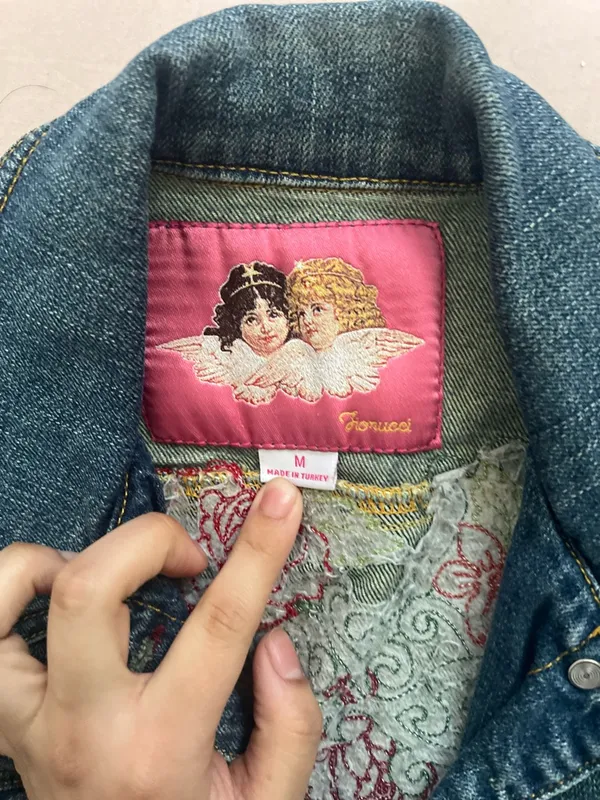Fiorucci Blue Denim Sleeveless Vest Floral Embroidery with Pink Label - Image 2