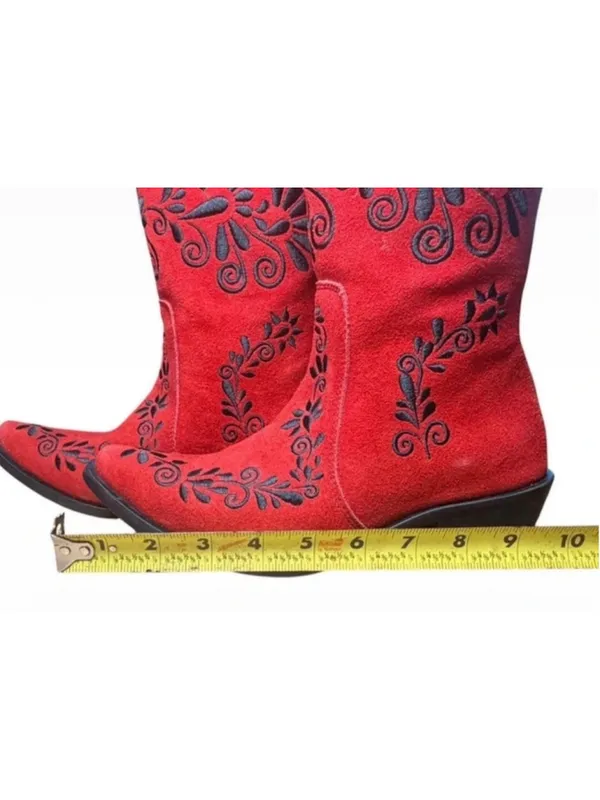 RARE Agave Sky Red Suede Embroidered Floral Western Cowgirl Boots Sz 6 Charro! - Image 8