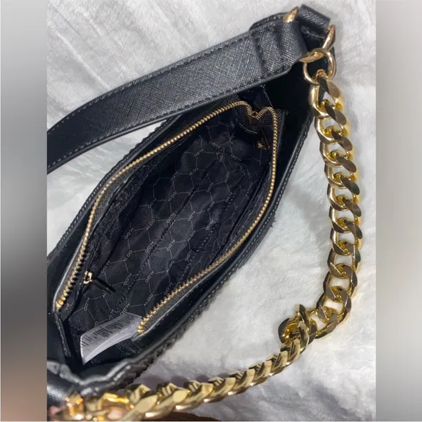 Aldo Black Textured Faux Leather Shoulder Bag Chunky Chain Detail and Lion Logo - Image 13