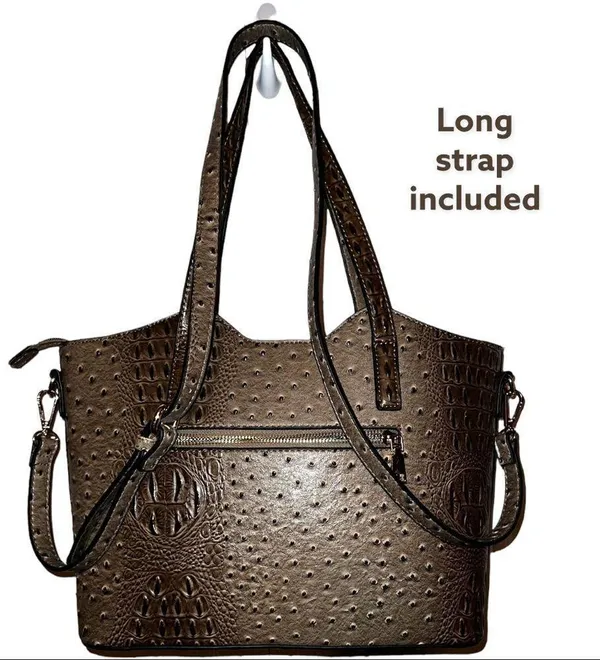 Isabella vegan leather ostrich satchel! Taupe in color with unique design! - Image 6