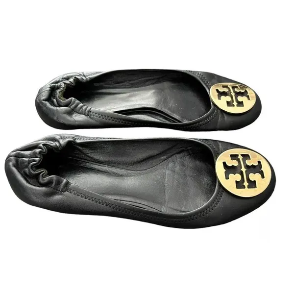 Tory Burch Reva Black Leather Gold Logo Medallion Ballet Flats Size 7 - Image 2