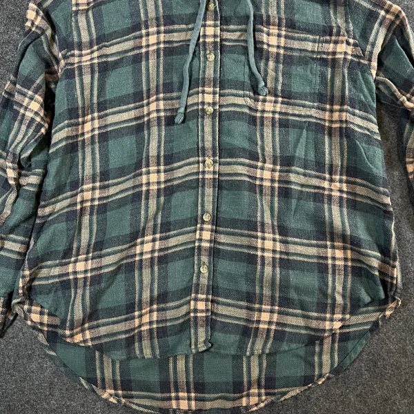 American Eagle Hooded Flannel Shirt Womens XS Green Plaid Button Down Hoodie - Image 6