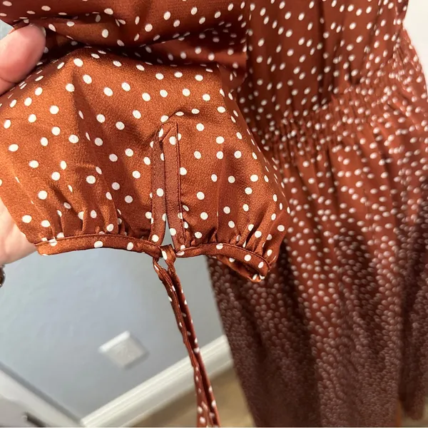Taylor Rust Polka Dot Midi Dress Size 16 V-Neck Smocked Boho Chic - Image 6