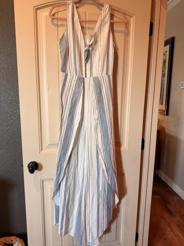 Altar’d State Blue White Striped Tie Front Jumpsuit Size S Wide Leg Cotton - Image 2
