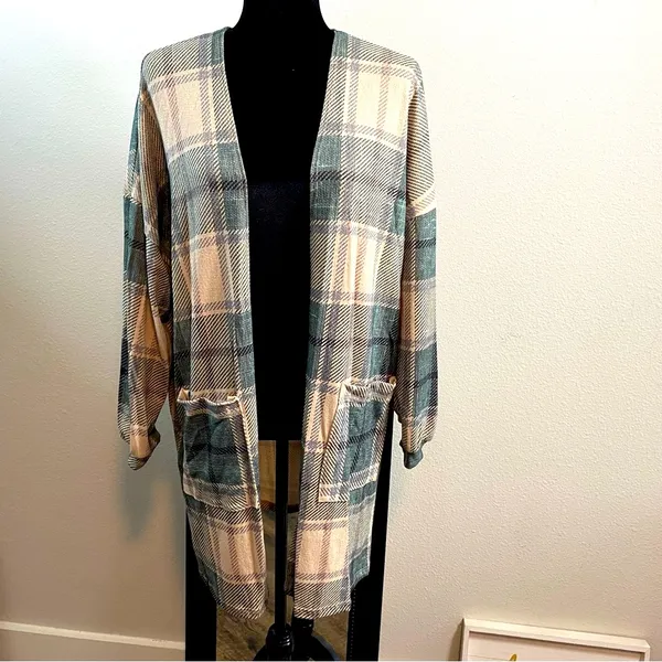 Cabincore Western Rustic Green Plaid Loose fit Long Cuff-sleeve Pockets Shacket - Image 2