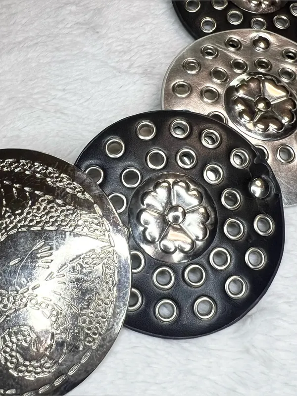 Vintage Black & Silver Faux Leather Boho Medallion Hip Belt Hammered Buckle - Image 4
