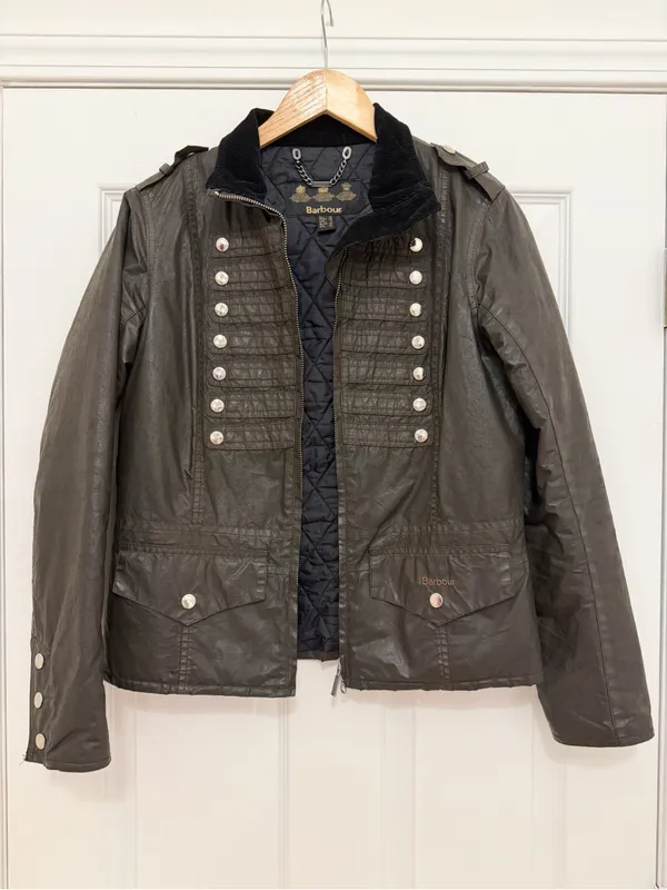 Barbour Brigade Military Wax Coated Jacket Dark Green Corduroy Collar sz 8 - Image 2