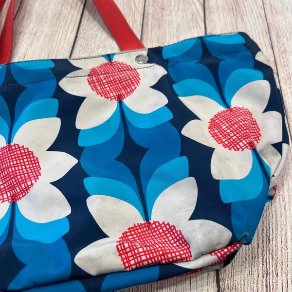 Fossil Floral Nylon Tote Bag Blue White Red‎ Retro Mod Zippered Shopper - Image 2