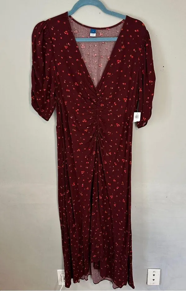 Old Navy Burgundy Puff-Sleeve V-Neck Midi Dress NWT NEW Large Burgundy Floral - Image 2