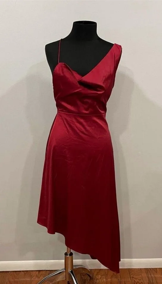 Lulus Sereno Wine Satin Cowl Neck Asymmetrical Midi Dress Small S - Image 3