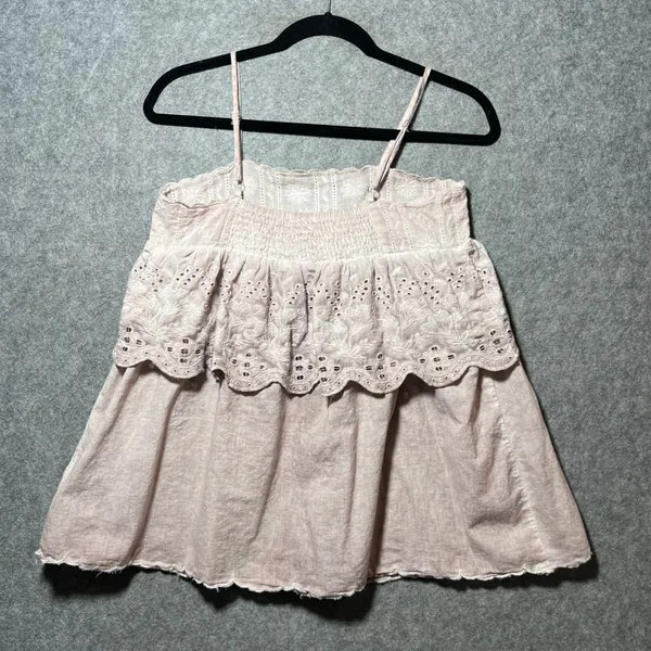 POL Boho Eyelet Embroidered Babydoll Cami Top Pink Ruffle Cotton Lace S - Image 4