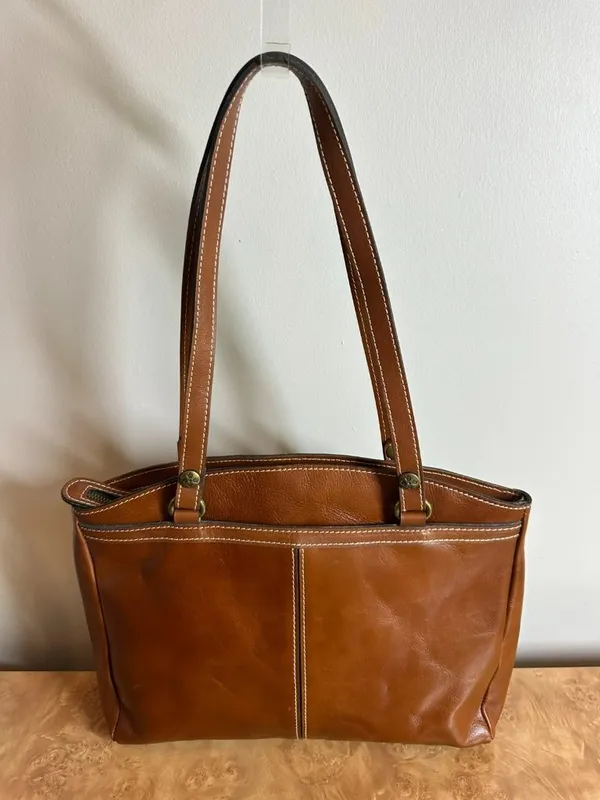 Patricia Nash Cognac Leather Tote Shoulder Bag Contrast Stitching Large Zip Top - Image 5