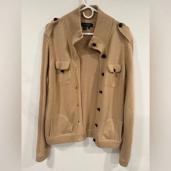 Lauren Ralph Lauren Tan Button-Up Leather Trim Military Cardigan Sweater XL EUC - Image 3