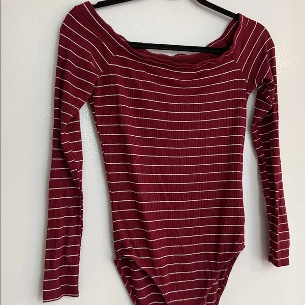 Hollister Ribbed Maroon & White Striped Off Shoulder Long Sleeve Bodysuit - Image 3