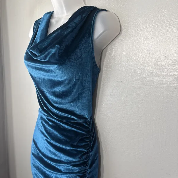 Zaful Velvet Midi Dress Size 6 Blue Ruched Party Fairy Whimsigoth Wedding Guest - Image 5