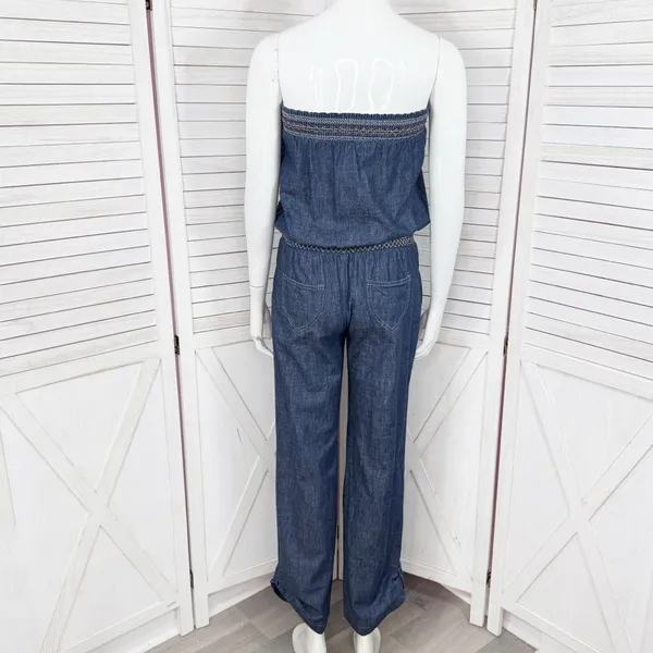 Poetry‎ Boho Smocked Strapless Wide Leg Chambray Jumpsuit Denim Blue Small - Image 4