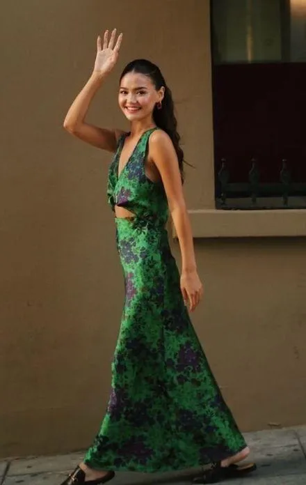 Zara maxi floral satin dress wedding evening party Floral Green Cutout Dress - Image 8