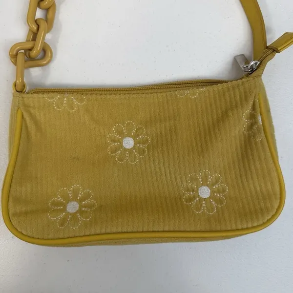 Art Class Y2K‎ Style Mini Bag Wristlet Yellow Corduroy Purse Embroidered Flowers Cottage - Image 4