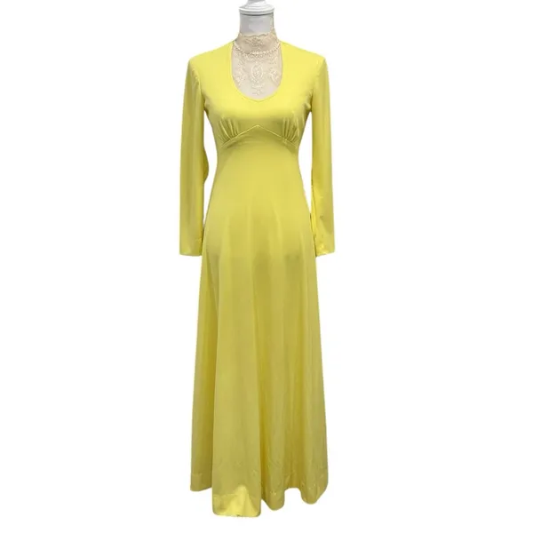 Vintage 1970s Victorian Edwardian Revival Yellow Lace Neck Maxi Dress Costume XS - Image 3