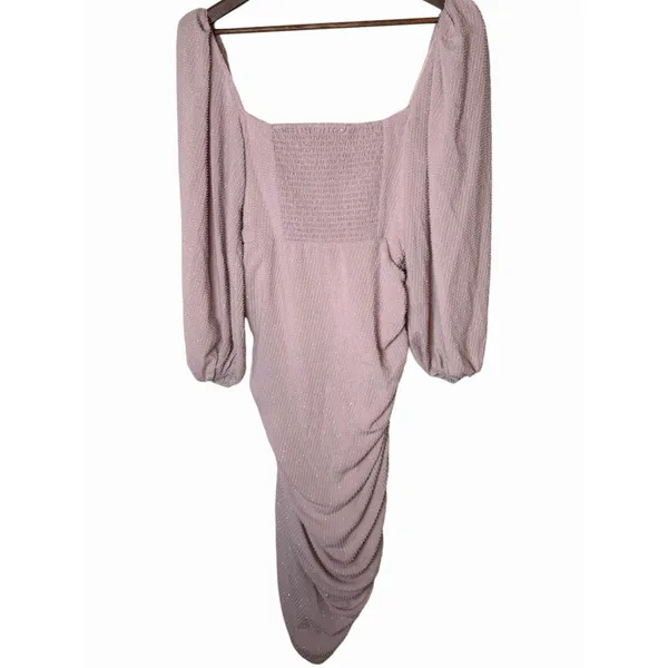 ASTR the Label Athens Ruched Puff Sleeve Shimmer Midi Dress Pink S - Image 10