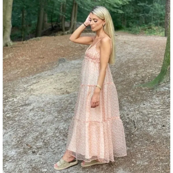 ZARA Organza Pink Peach Floral Maxi Dress Tiered Sundress Summer Vacation Medium - Image 5
