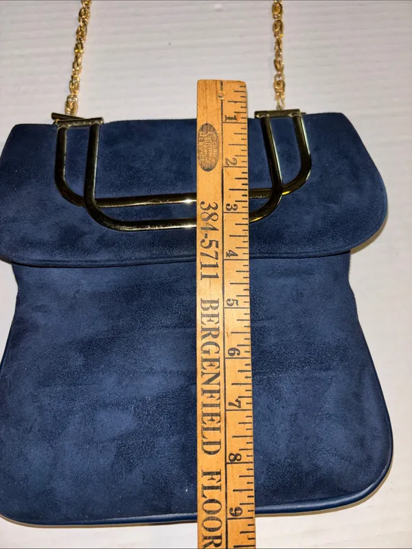 Sheldon Original..Vintage Navy Blue Suede With Gold Toned Crossbody Chain - Image 12