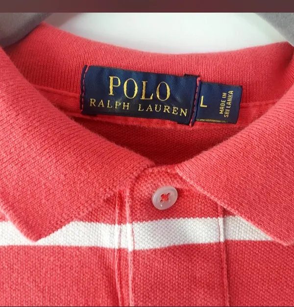 Polo Ralph Lauren Coral/Dark Pink & White Striped Blue Pony Polo Preppy Resort L - Image 2