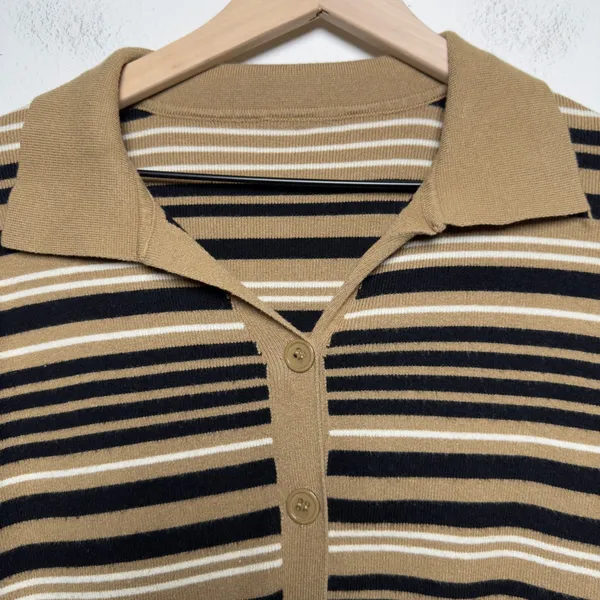 Selfie Couture Women Cotton Ramie Striped Cardigan Sweater XL Brown Preppy Polo - Image 2