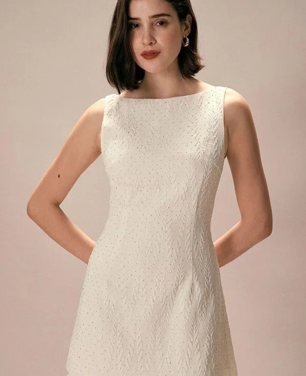 RIHOAS The Beige Boat Neck Textured Mini Dress - Image 4