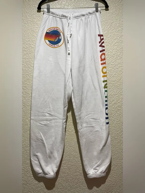 Aviator Nation White Sweatpants with Rainbow Side Logo Size M - Image 5