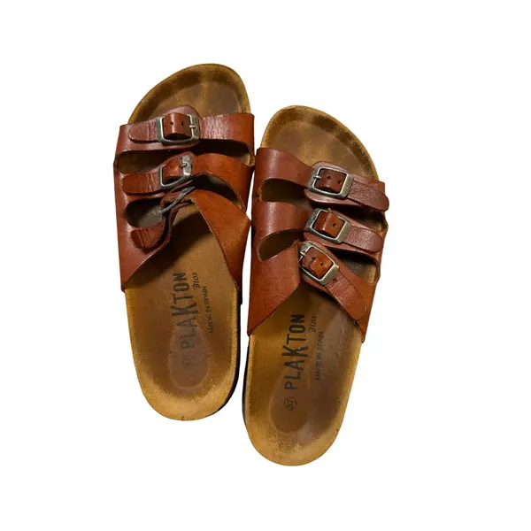 Plakton Size 37 3-Strap Brown Tan Cohnac Cork Footbed Sandals Leather Supportive - Image 3