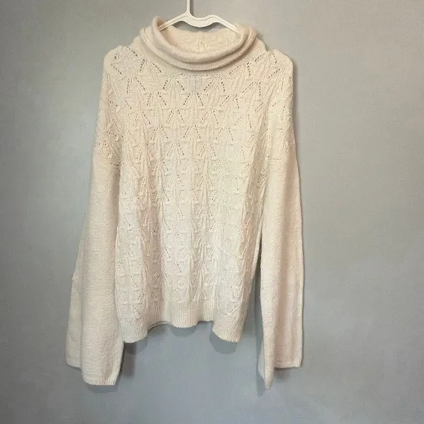 Lucky Brand Pointelle Turtleneck Cable Knit Bell Sleeve Sweater Ivory XS #1300 - Image 4