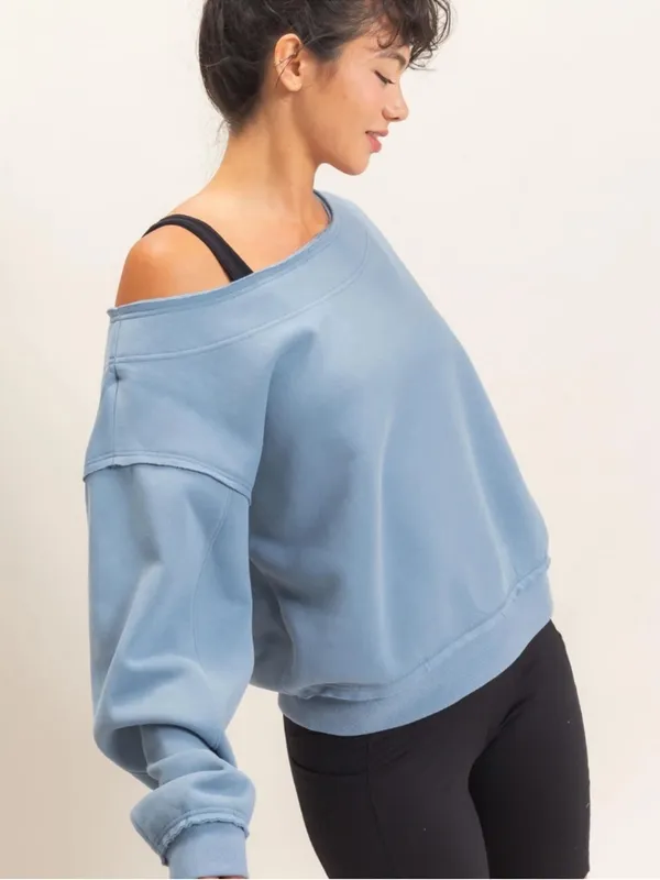 NEW Double Zero Dusty Blue Raw Edge Off Shoulder Sweatshirt – Medium - Image 2