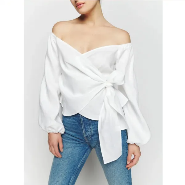 Reformation Hart Linen Wrap Top Womens XS White Off The Shoulder Long Sleeve - Image 2