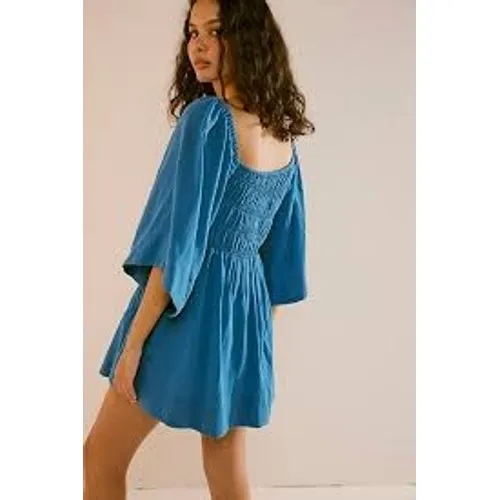 Free People Mini‎ Dress Women Small Blue Oasis Mini Smocked Bell Sleeve Pockets - Image 3