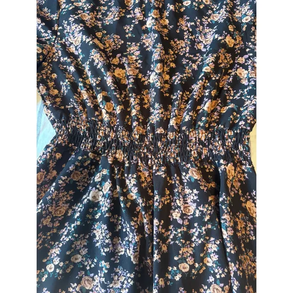 Floral Smocked Mock Neck Long Sleeve Mini Dress Black Brown Orange Medium Boho - Image 3