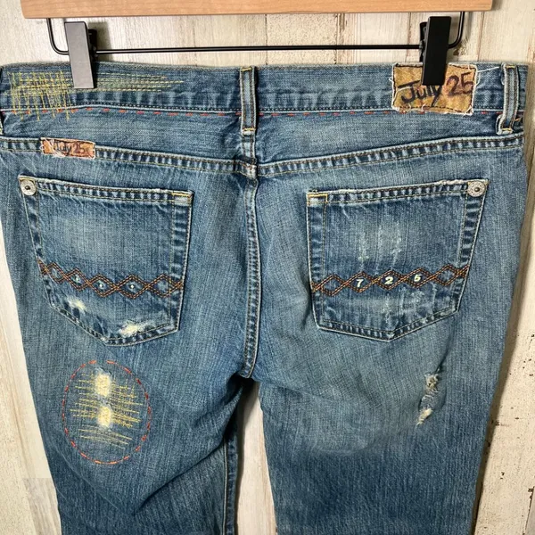 Vintage Y2k July 25 Patchwork Boho Embroidered Distressed Flare‎ Jeans Womens 31 - Image 4