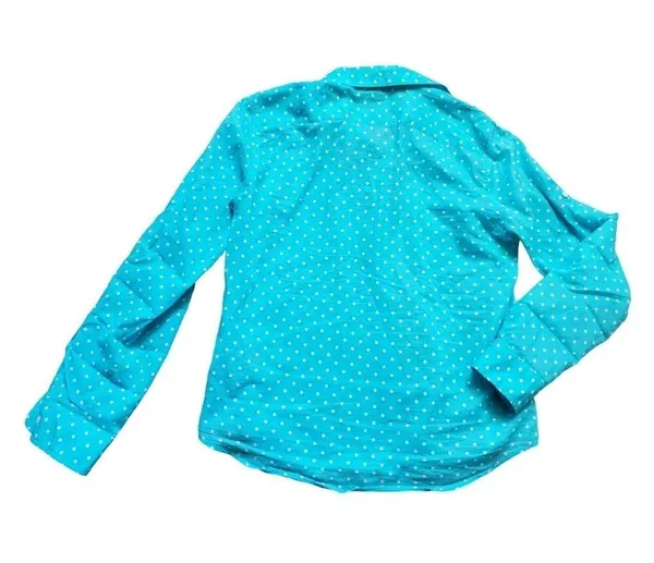 Ralph Lauren Blouse Women Medium Blue Polka Dot Top Button Up Pockets Roll Tab - Image 4