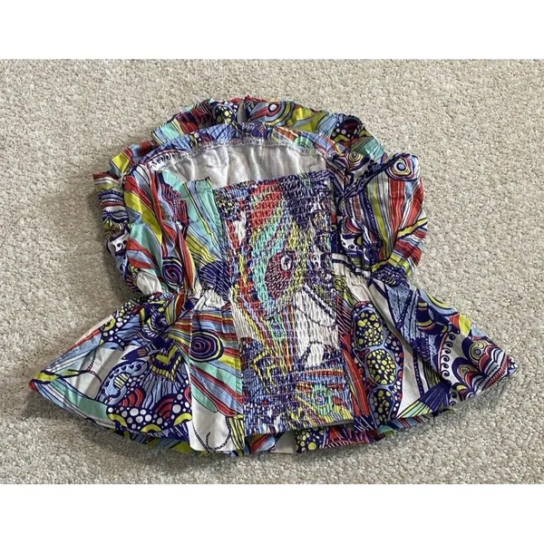 Anthropologie Strapless Smocked Ruffle Blouse Multicolor Cotton Abstract XS - Image 9