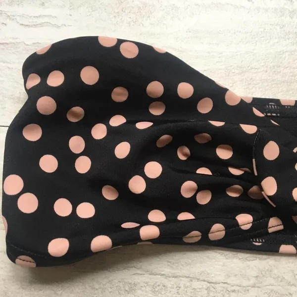 Retro Polka Dot Bikini Top Black Pink Size 6 Halter Bandeau Tie Front - Image 3