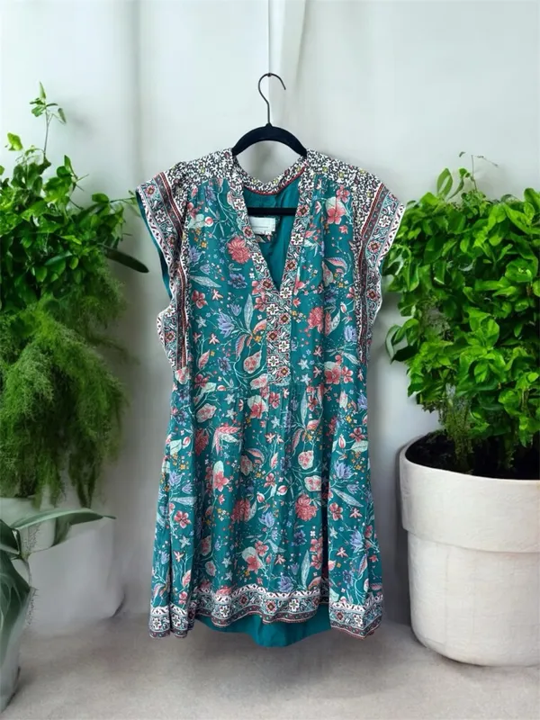 Anthropologie Zenia Green Floral Dress size Medium - Image 3