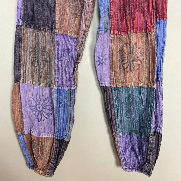 Patchwork Jogger Pants Travel Hippie Purple Red Blue Elastic Waist Cotton Nepal - Image 4