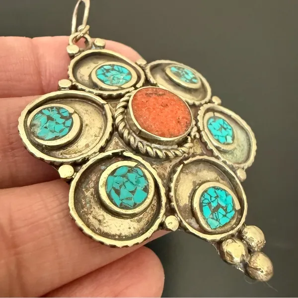 Vintage Silver-tone Turquoise & Coral Tibetan Style Flower Dangle Earrings 22g. - Image 9