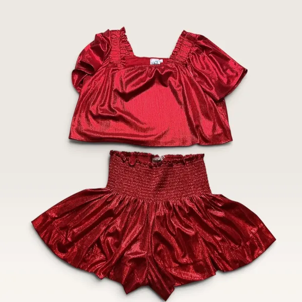 Queen of Sparkles Red Metallic Smocked Top and Ruffle Shorts Set Medium - Image 2