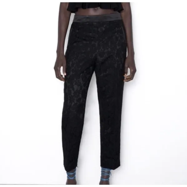 Zara NWT Black Lace Tuxedo Ankle Pants Satin‎ Trim Slim Straight Size Medium - Image 7